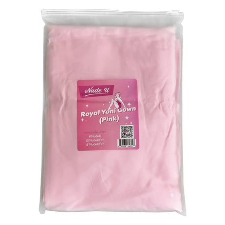 Packaging image of the luxurious pink Yoni Steam Gown from NudeU.
