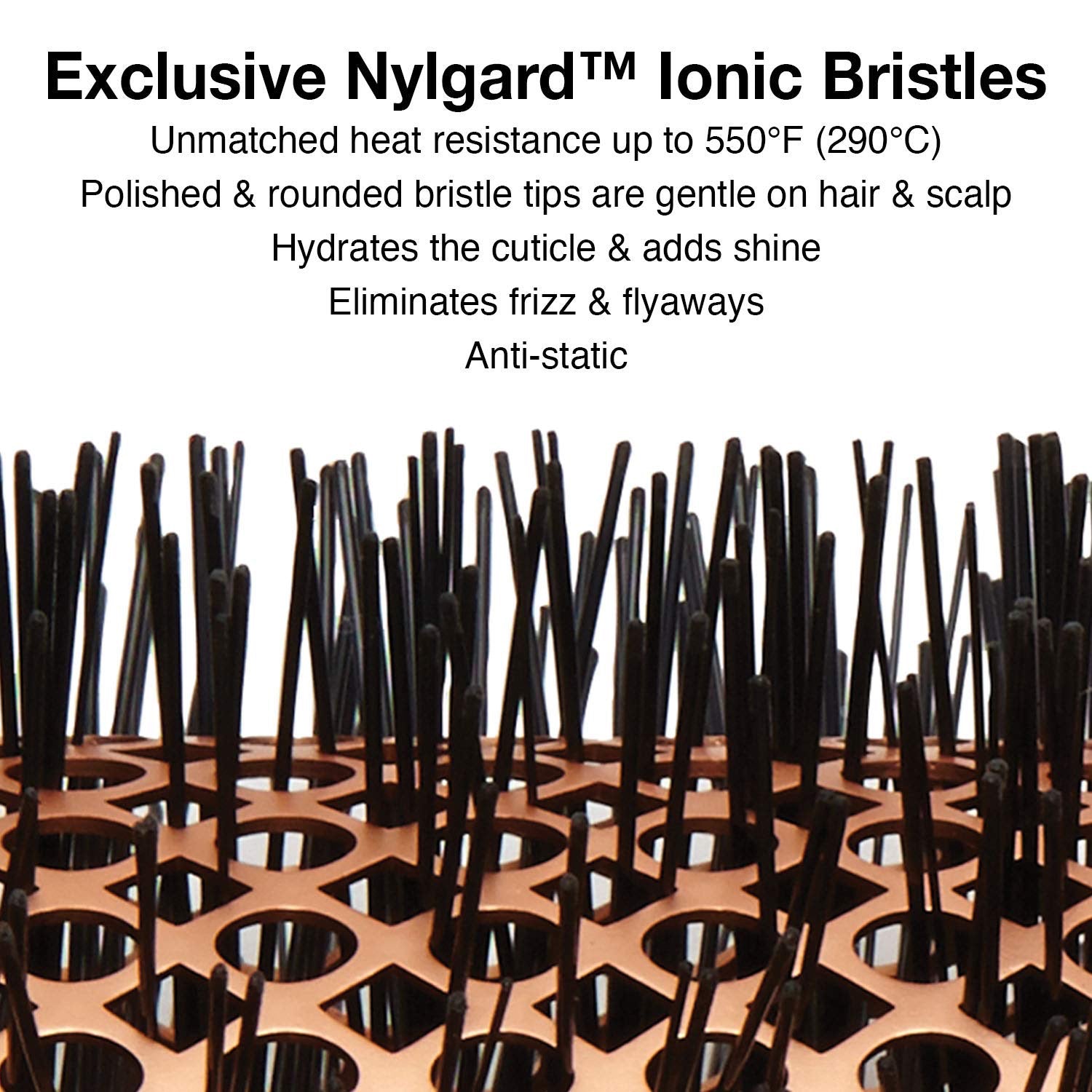 Image highlighting the benefits of the Nylgard Ionic Bristles on the Olivia Garden Heat Pro Speed XL brushes. 