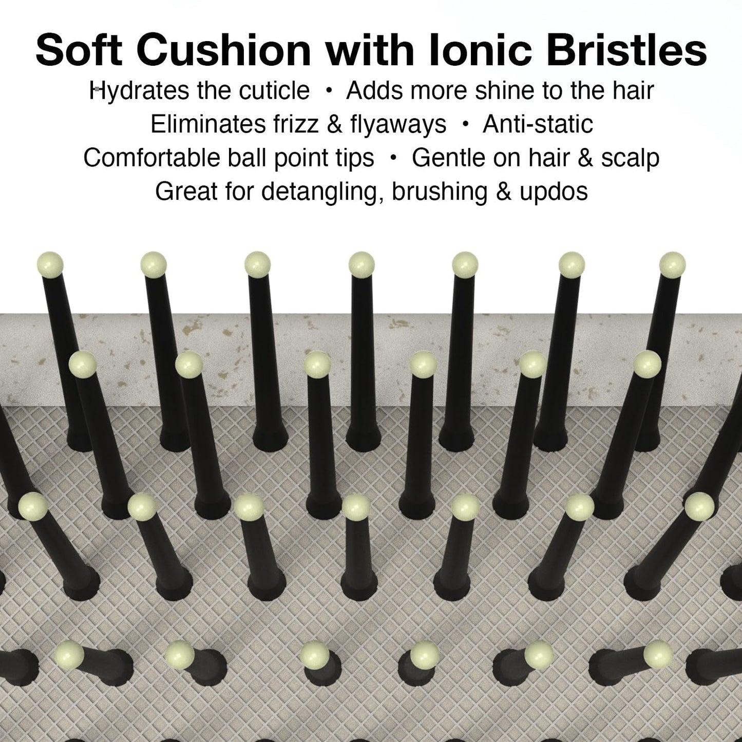 Image shows the features of the large paddle brush from Olivia Garden. 