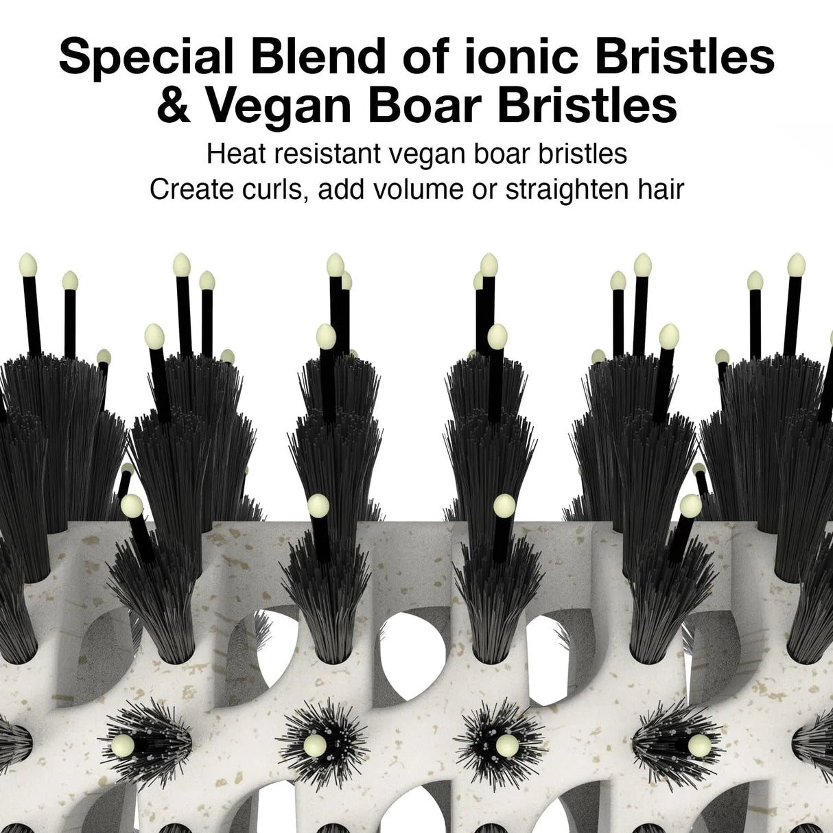 Image shows the features of the Olivia Garden Round Smoothing Brush. 