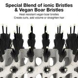 Image shows the features of the Olivia Garden Round Smoothing Brush. 