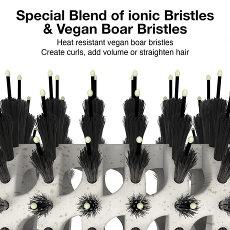 Image shows the features of the Olivia Garden Round Smoothing Brush. 