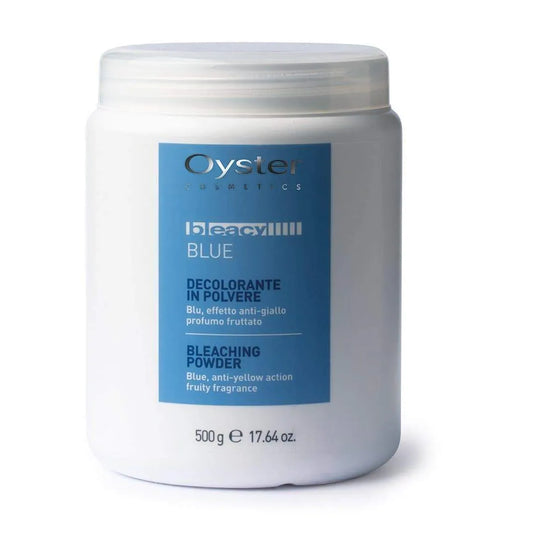 Image of the 500 gram container of Oyster Bleacy Blue Dust Free Bleaching Powder. 