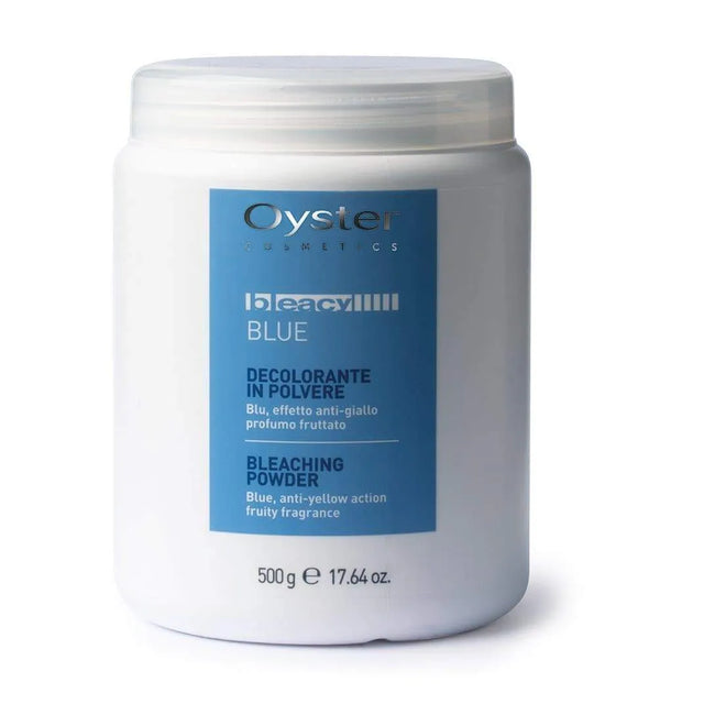 Image of the 500 gram container of Oyster Bleacy Blue Dust Free Bleaching Powder. 
