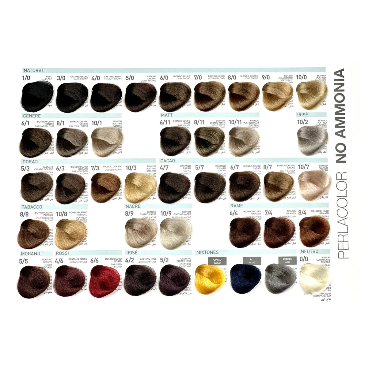 First page of swatches from the Perlacolor No Ammonia Color Chart book.