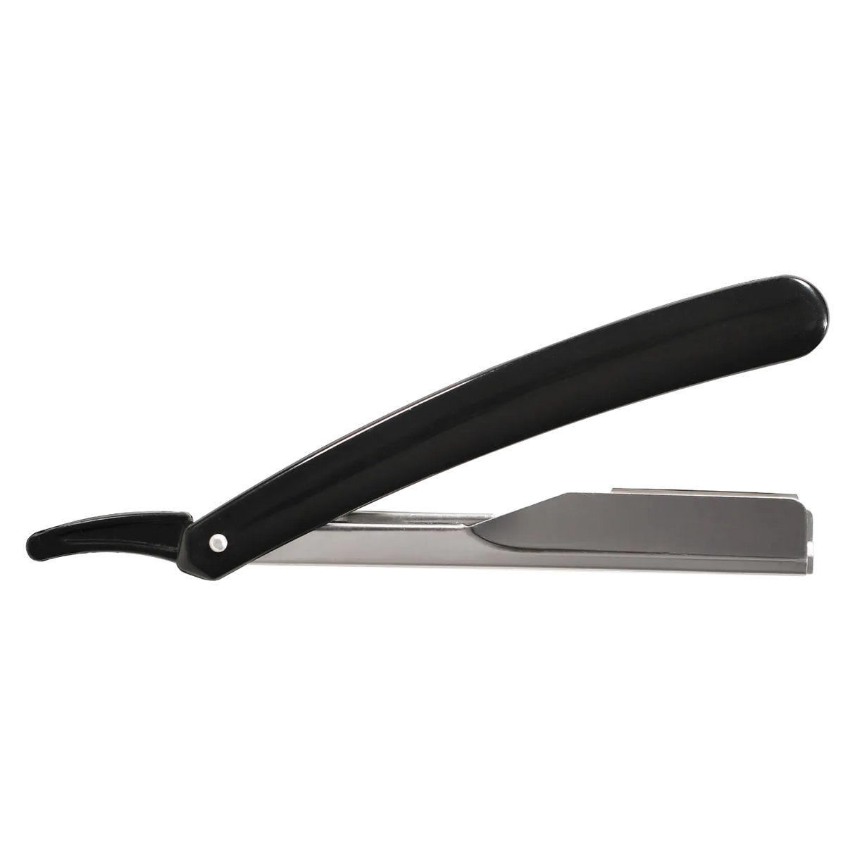 Black handled Scalpmaster Barber Professional Straight Razor on a white background