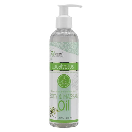 Image of the 8 fluid ounce bottle of Spa Redi Eucalyptus Massage Oil. 