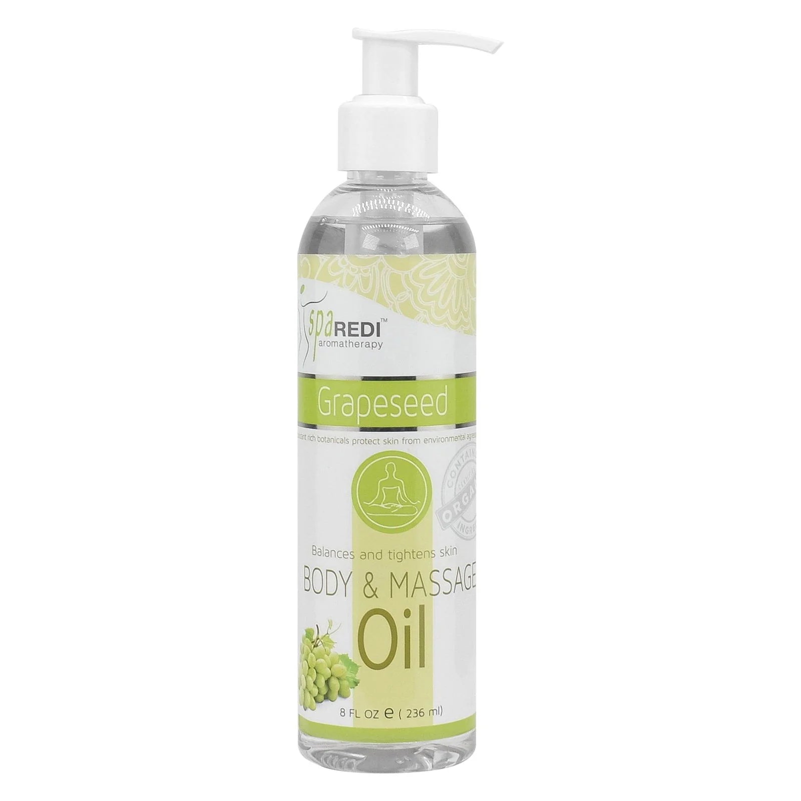 Image of the 8 fluid ounce bottle of Spa Redi Grapeseed Massage Oil. 

