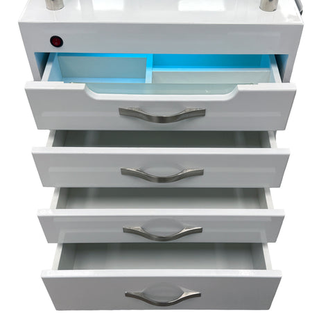 All storage drawers open.