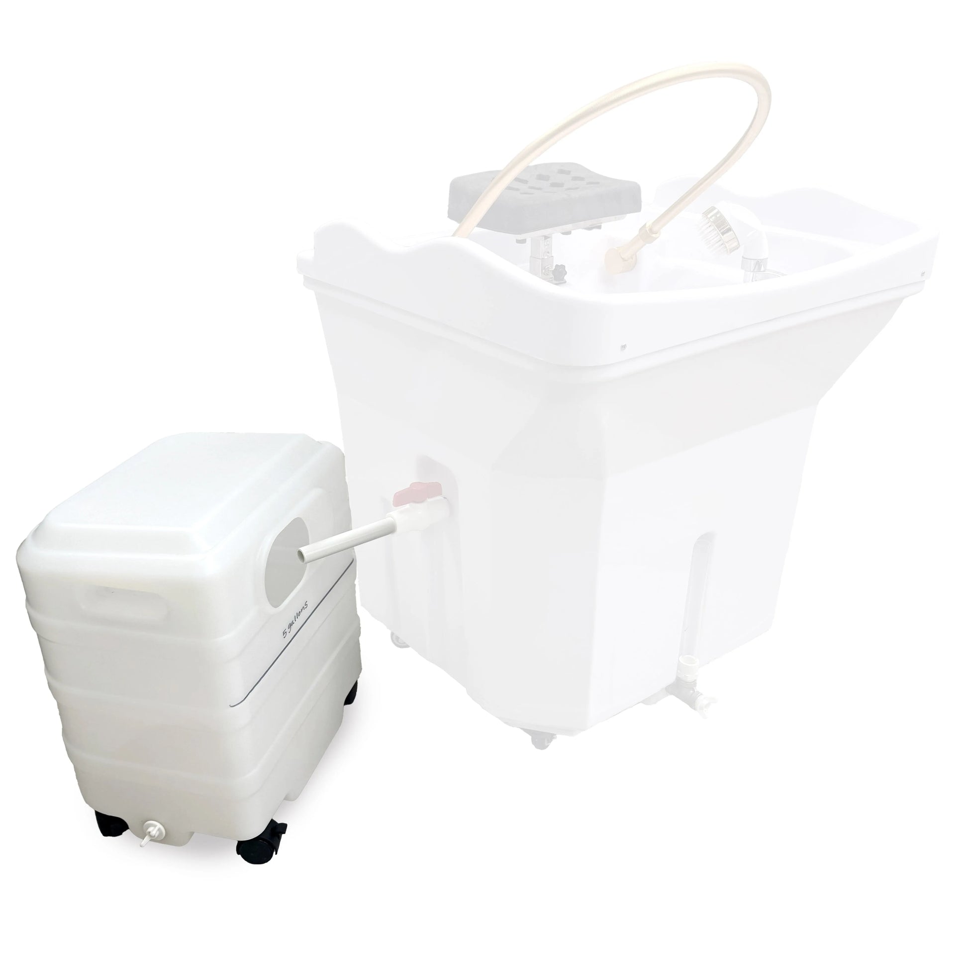 Image displays how the SSW 5-Gallon Disposable Waste-Water Tank is used with the 6114P Portable Head Spa. 