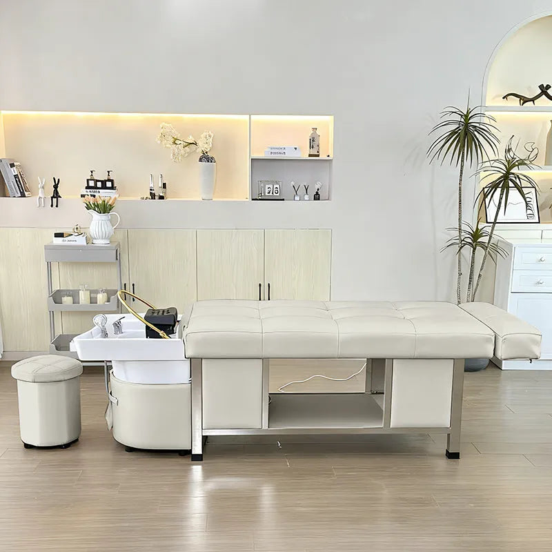 Profile view of the beige SSW 611-1D Fresh Water Japanese Head Spa Massage Bed