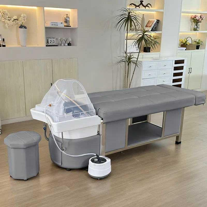 Lifestyle image of the gray SSW 611-1D Fresh Water Japanese Head Spa Massage Bed