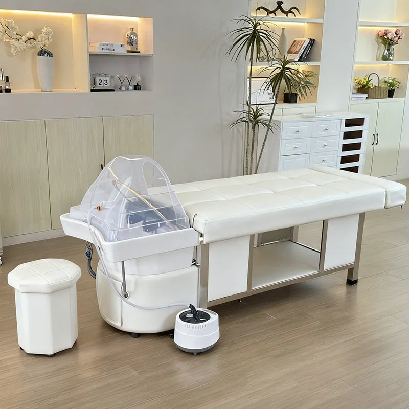 Lifestyle image of the light cream SSW 611-1D Fresh Water Japanese Head Spa Massage Bed 