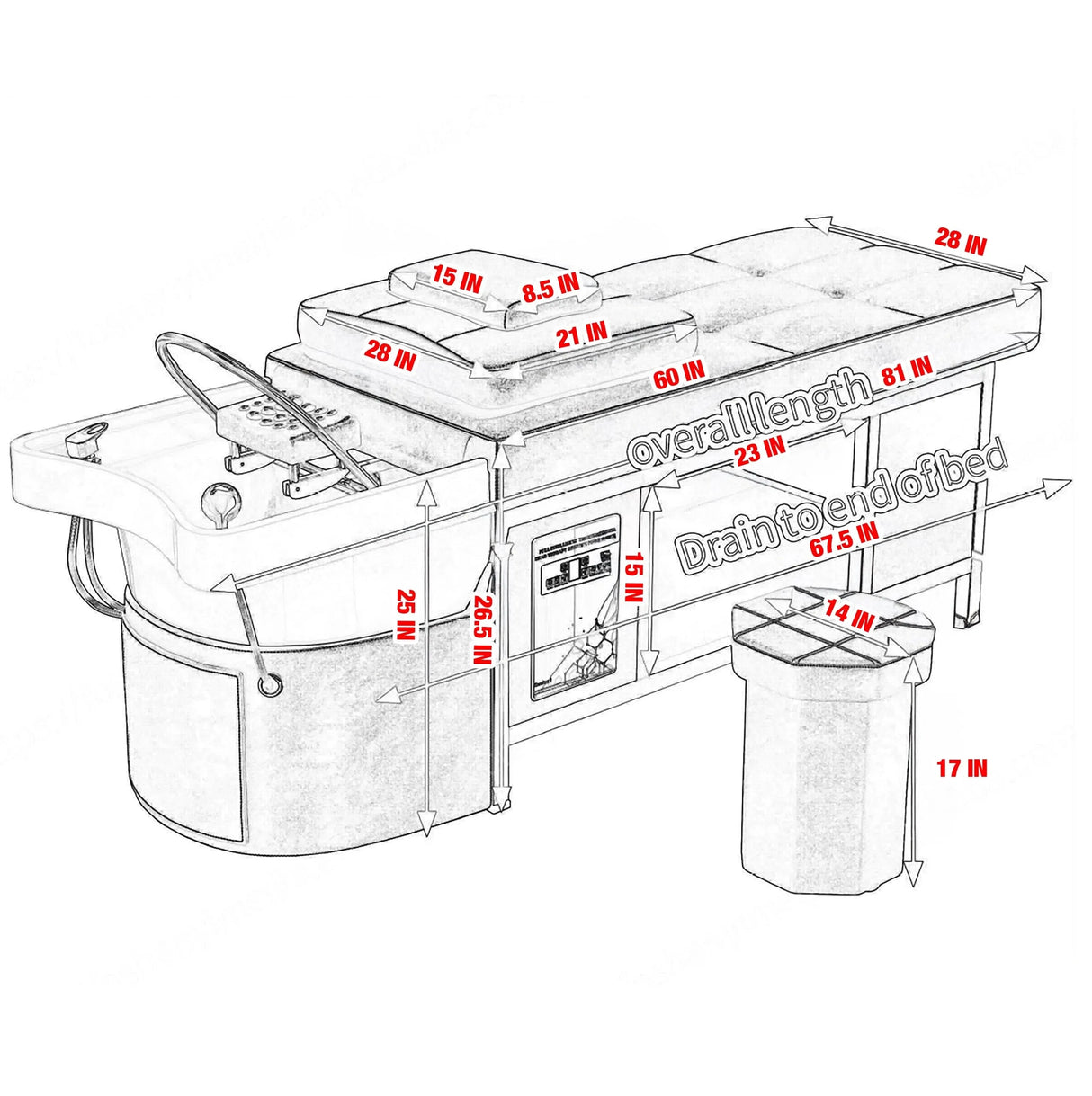 Dimensions of the SSW 611-1NM Japanese Head Spa Massage Bed. 
