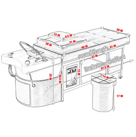 Dimensions of the SSW 611-1NM Japanese Head Spa Massage Bed. 