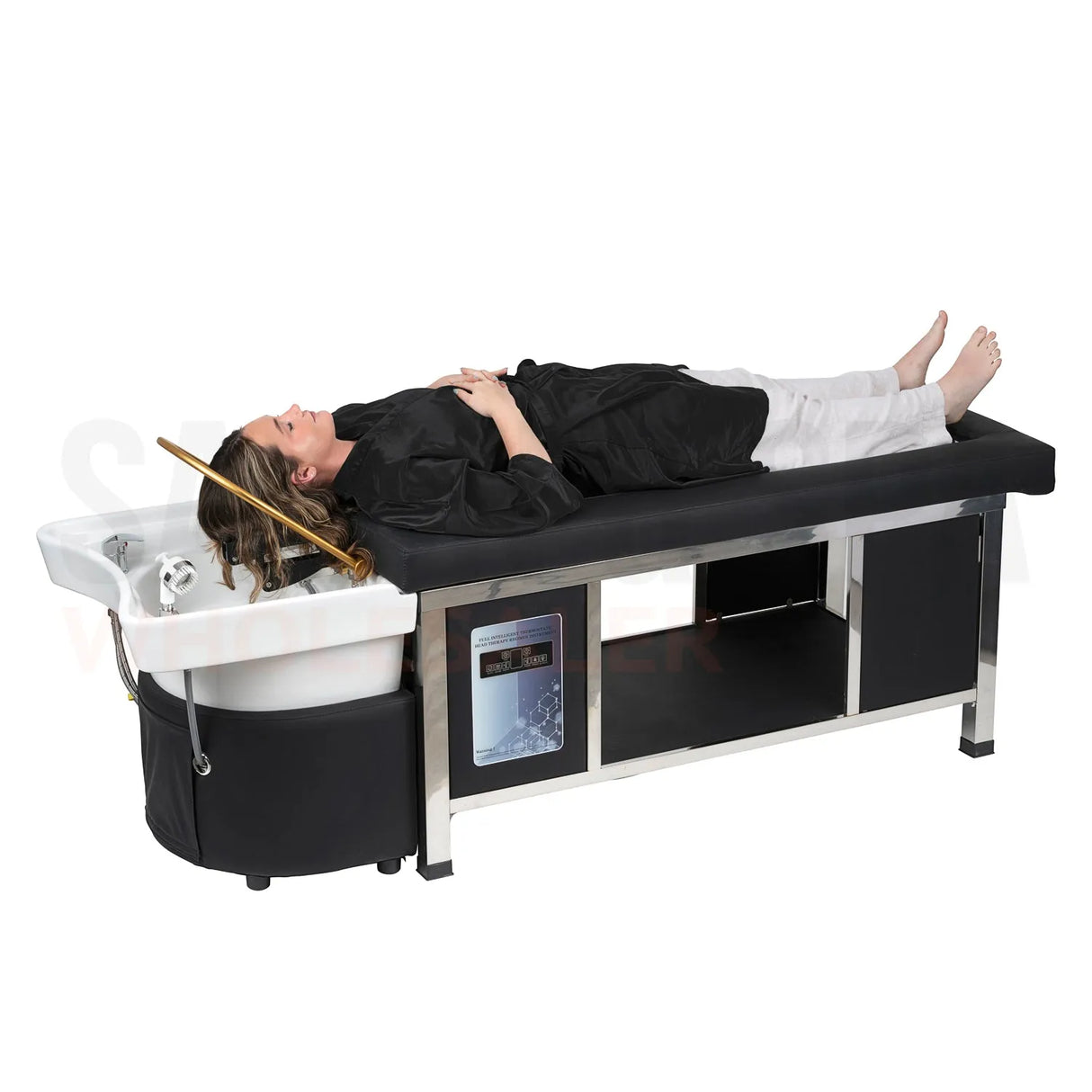 Model on the SSW 611-2 Japanese Head Spa Massage Bed. 