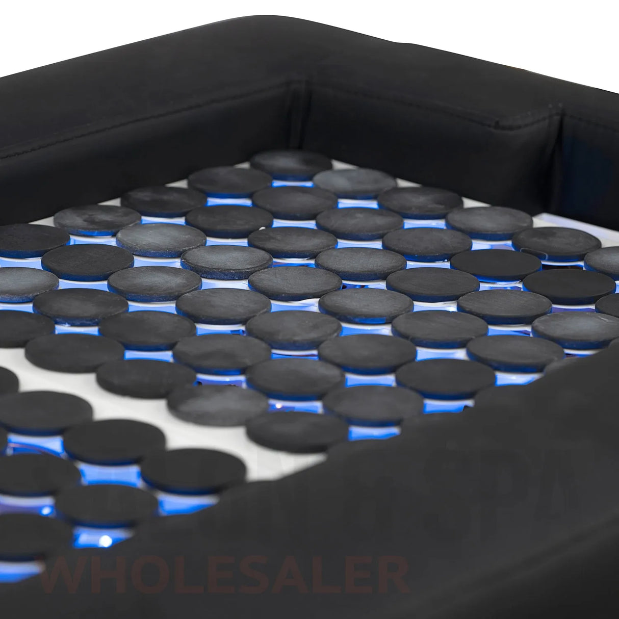 Detail image of the blue LED lights on the black SSW 611-2 Japanese Head Spa Massage Bed. 