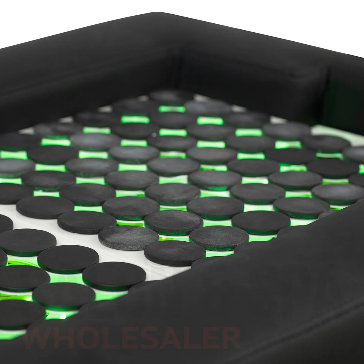 Detail image of the green LED lights on the black SSW 611-2 Japanese Head Spa Massage Bed. 