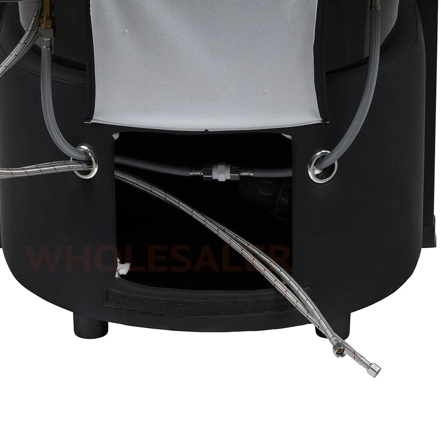 Water hook-ups on the black/black SSW 611-5C Japanese Head Spa Massage Bed. 