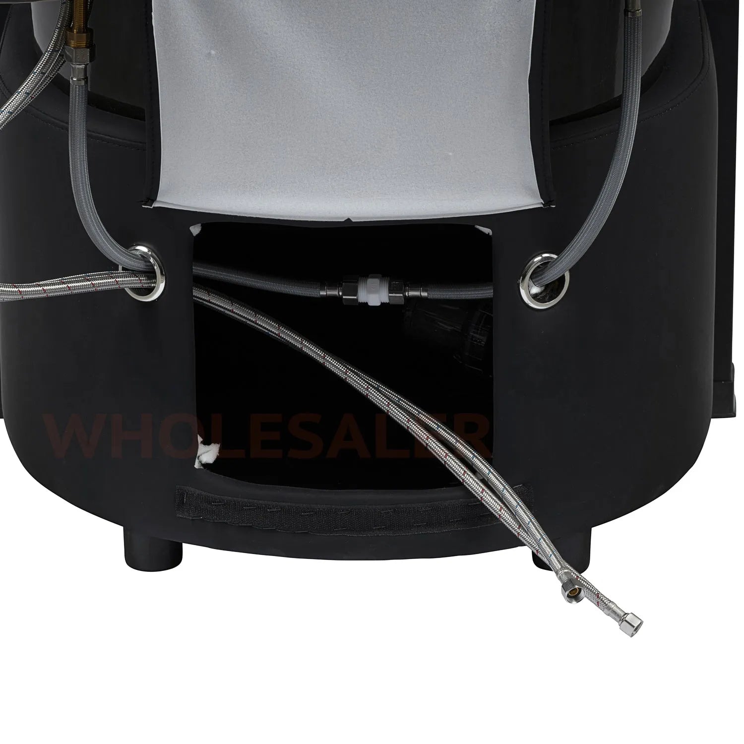 Water hook-ups on the black/black SSW 611-5C Japanese Head Spa Massage Bed. 