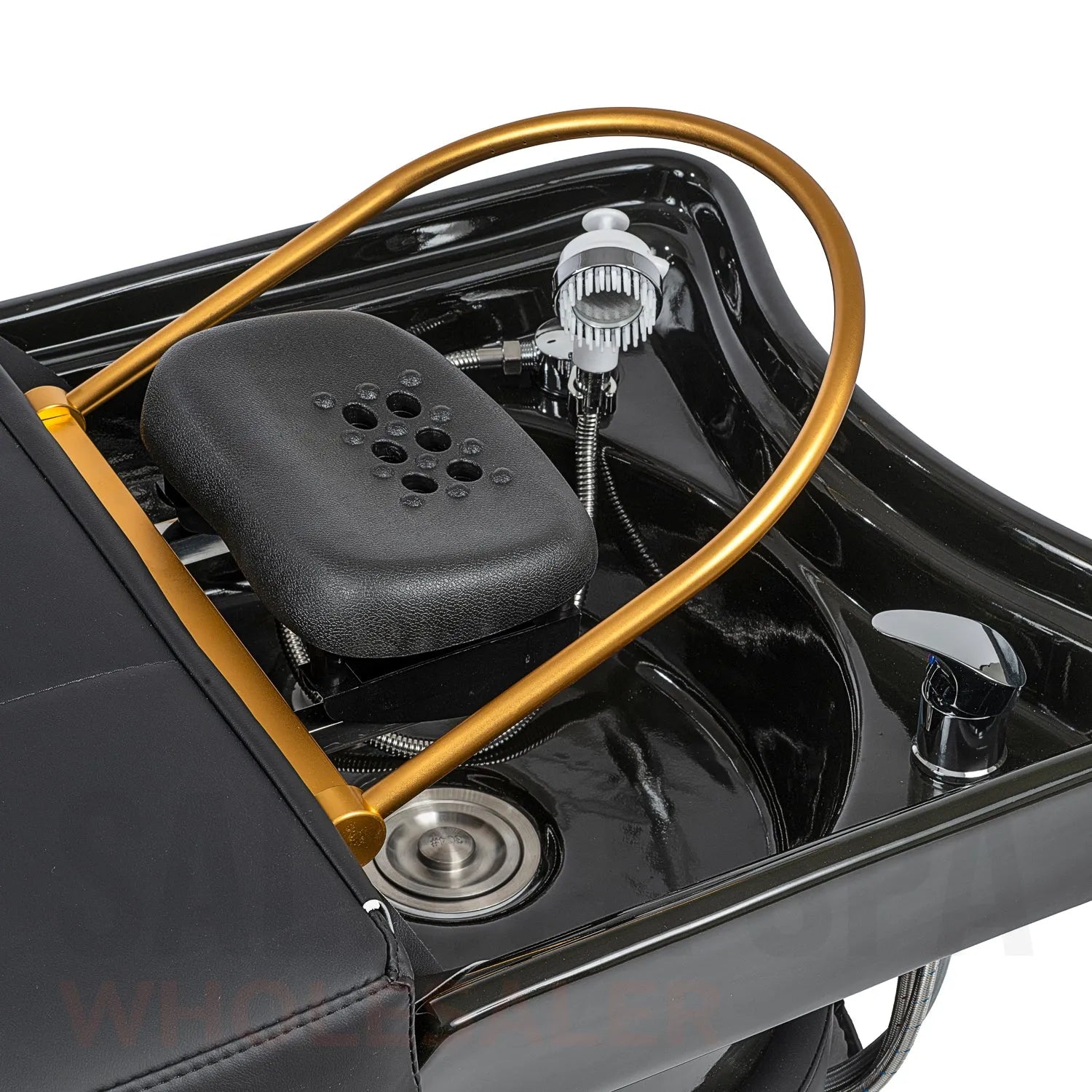 Detail image of the sink on the black/black SSW 611-5C Japanese Head Spa Massage Bed. 