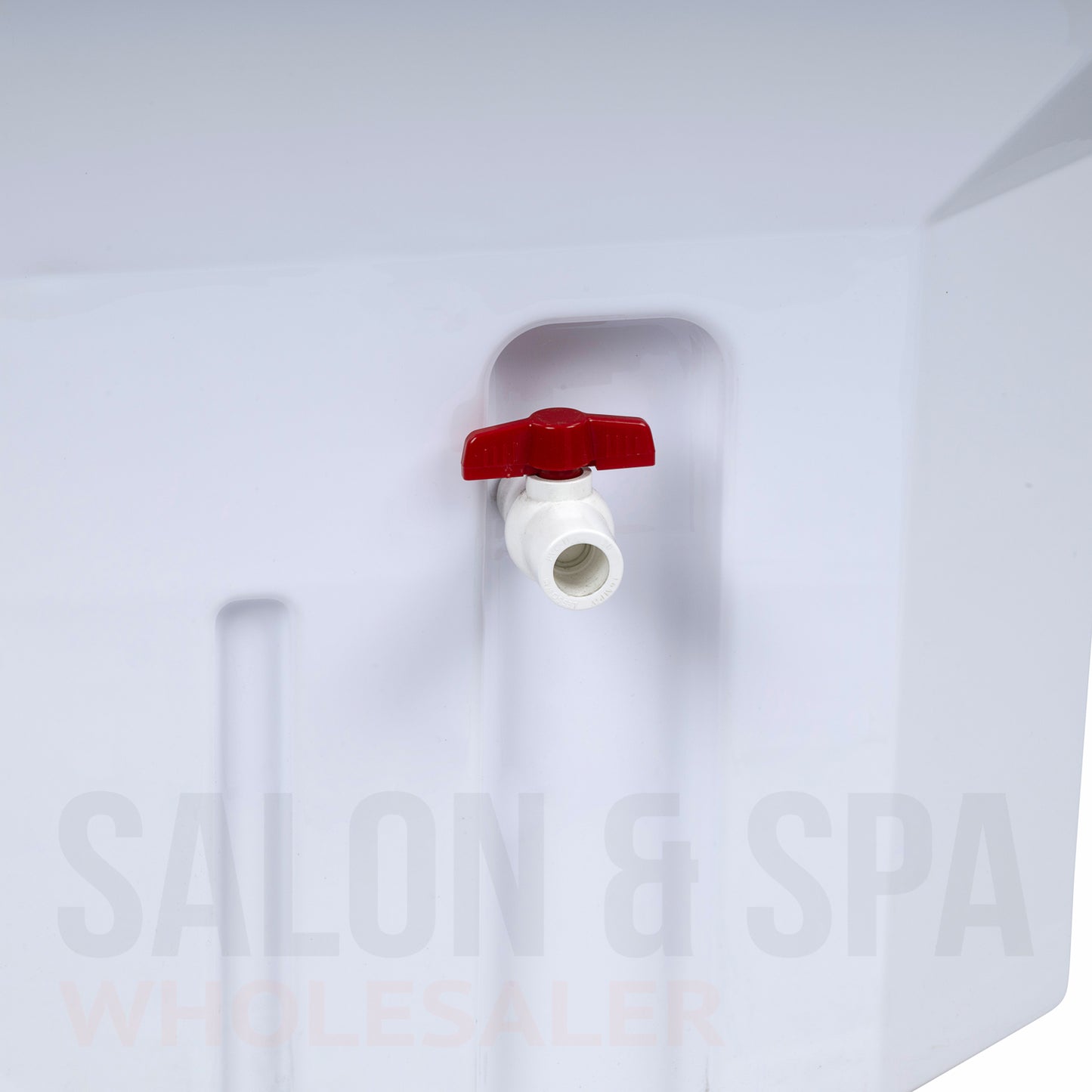 Detail image of the waste water valve on the SSW 6114P Portable Japanese Head Spa Shampoo Bowl. 