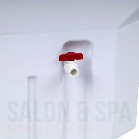 Detail image of the waste water valve on the SSW 6114P Portable Japanese Head Spa Shampoo Bowl. 