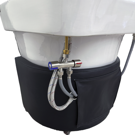 Plumbing controls on the SSW 6116NP Fresh Water Non-Portable Japanese Head Spa Shampoo Bowl. 