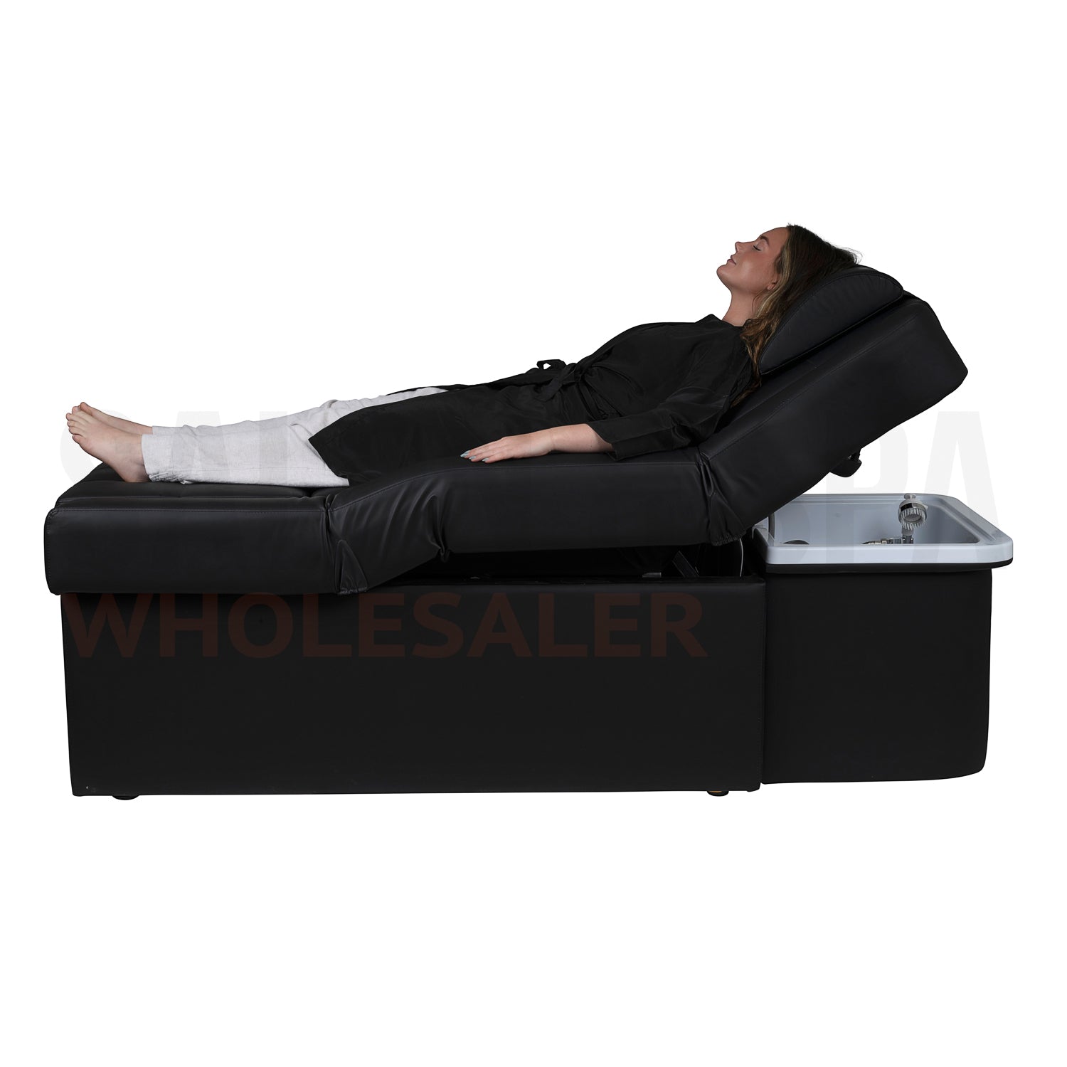 Model on the SSW 631 Japanese Head Spa Massage Bed. 
