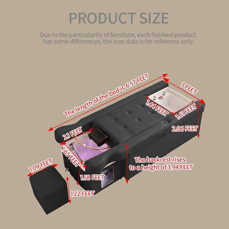 Dimensions of the black SSW 631 Japanese Head Spa Massage Bed. 