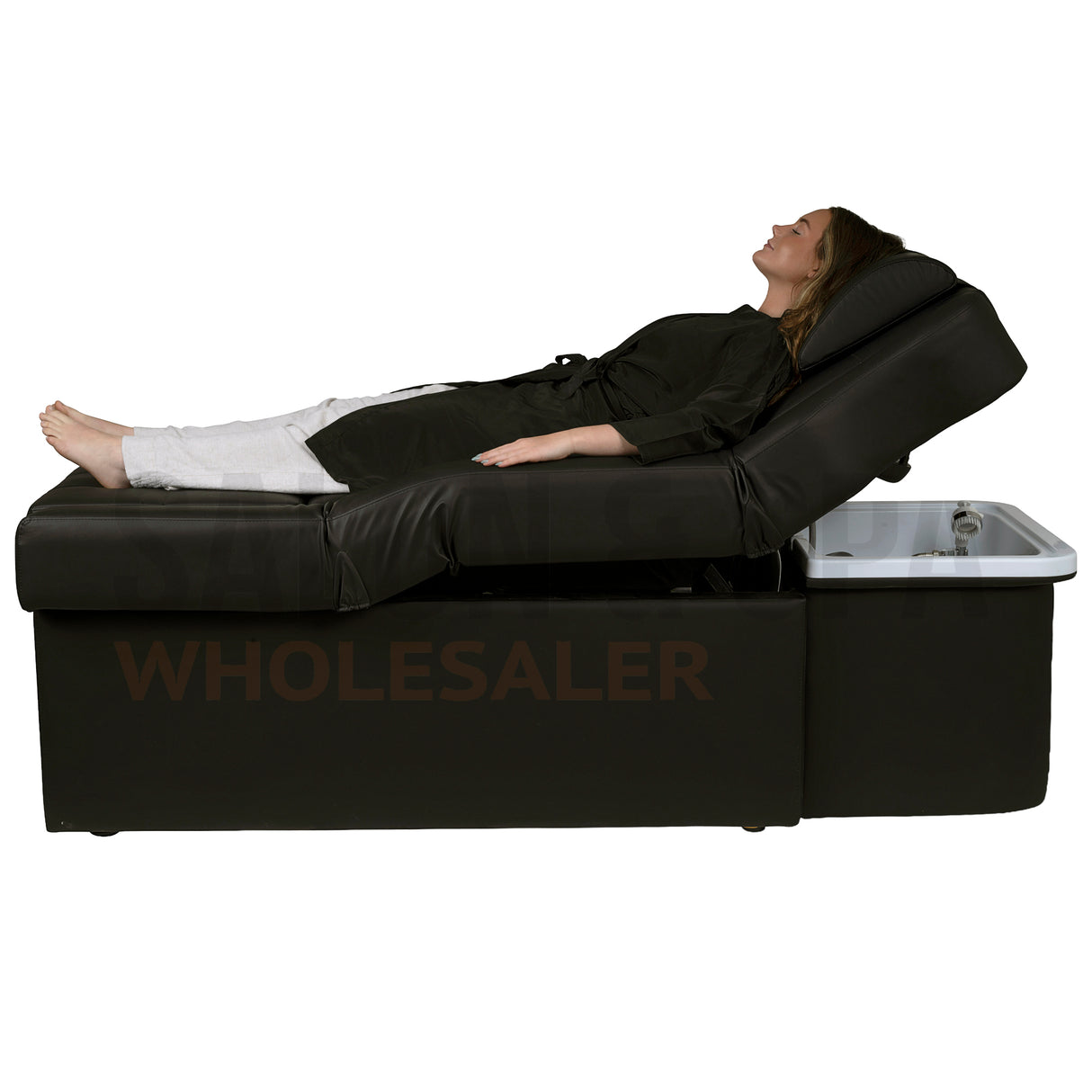 Profile view of the electric lifting black SSW 631D Fresh Water Japanese Head Spa Massage Bed with model. 