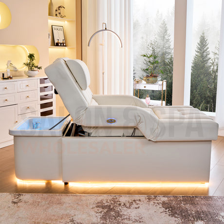Profile view of the electric lifting white SSW 631D Fresh Water Japanese Head Spa Massage Bed. 