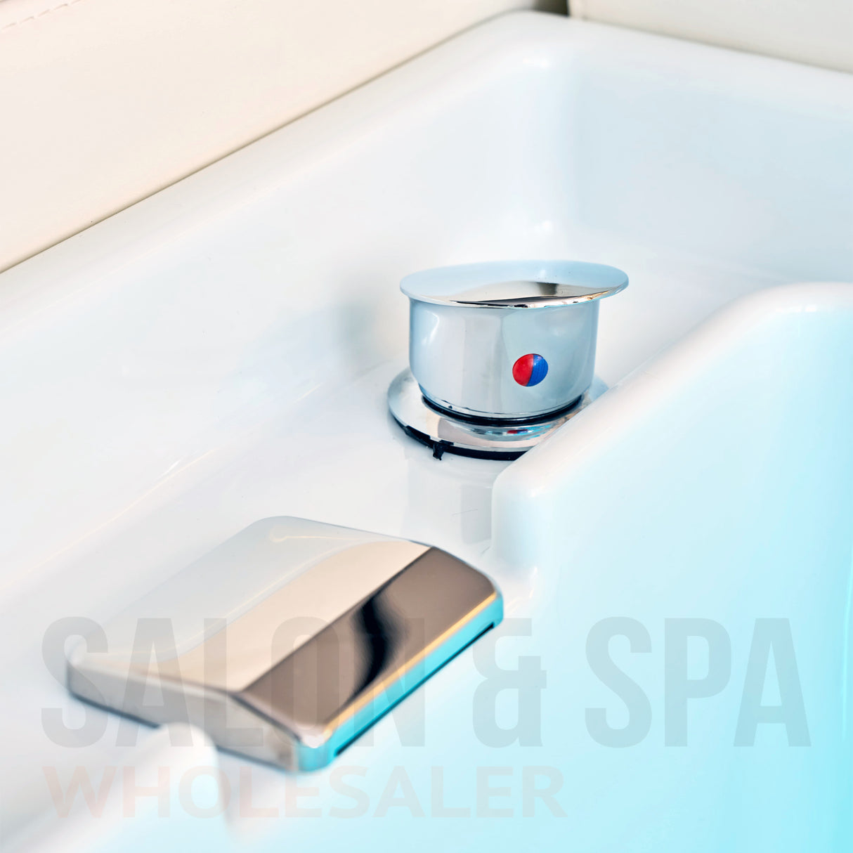 Foot basin faucet detail image on the white SSW 631D Fresh Water Japanese Head Spa Massage Bed. 
