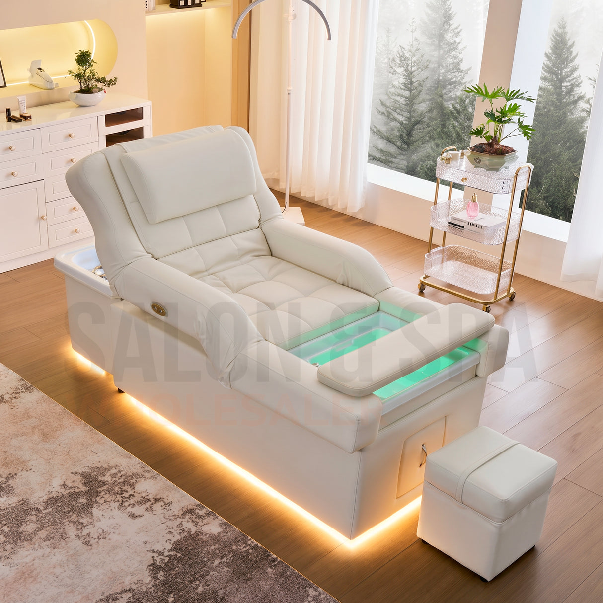 Image shows the foot basin leg rest on the white SSW 631D Fresh Water Japanese Head Spa Massage Bed. 