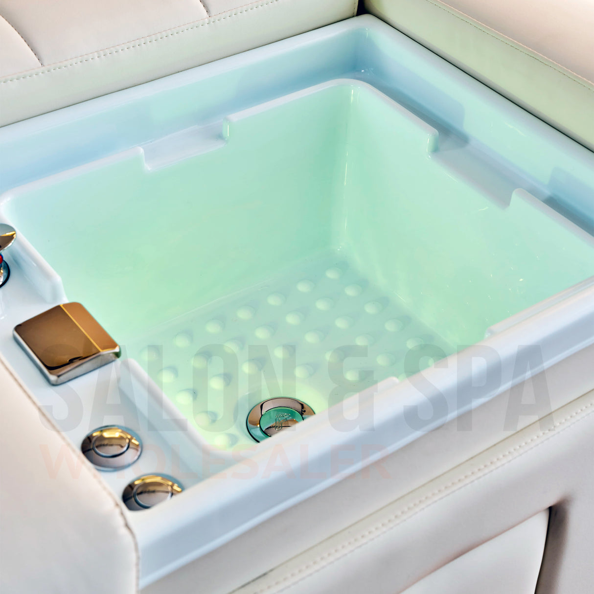 Foot basin detail on the white SSW 631D Fresh Water Japanese Head Spa Massage Bed. 
