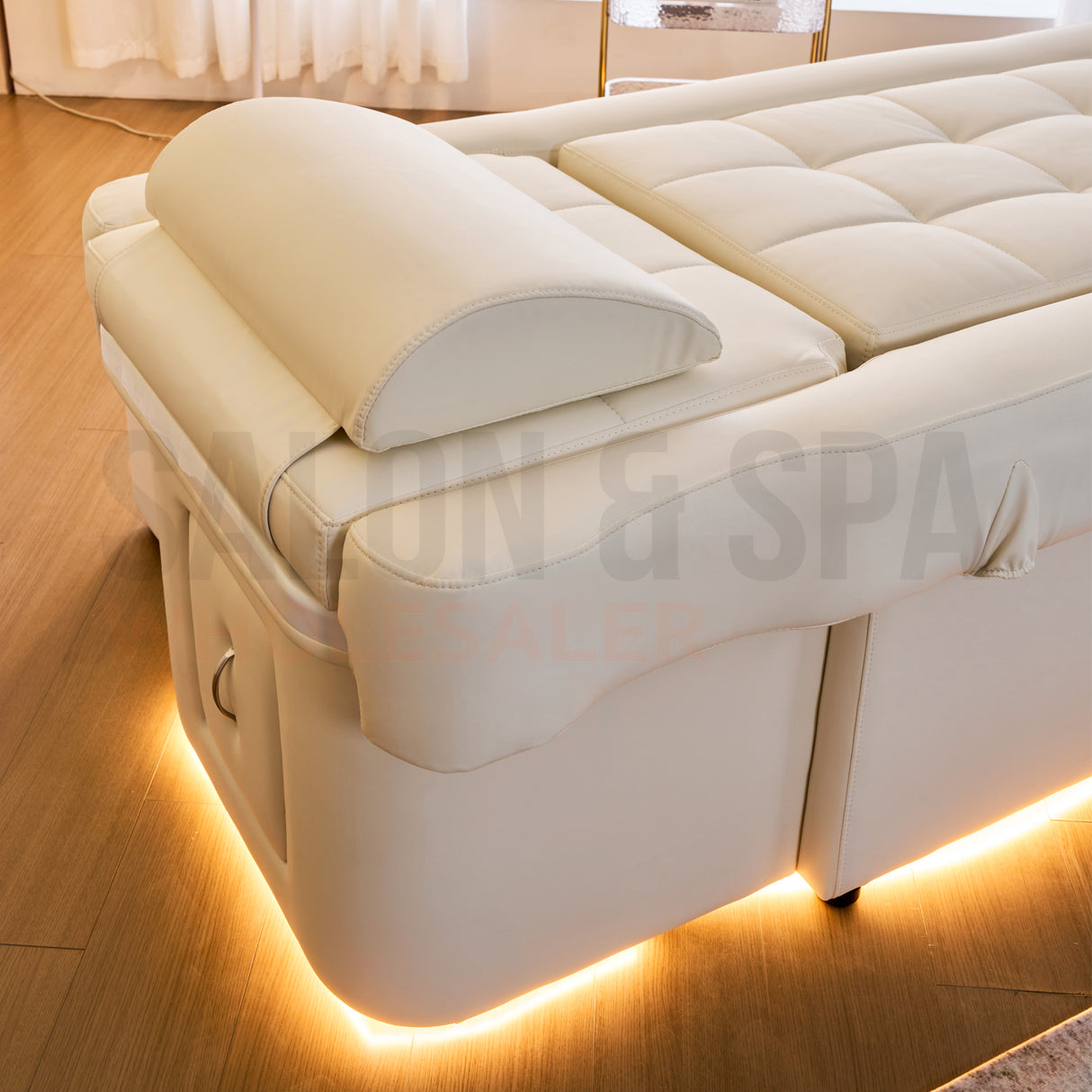 Detail image of the head rest on the white SSW 631D Fresh Water Japanese Head Spa Massage Bed. 