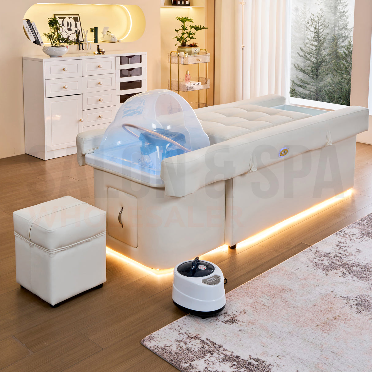 Lifestyle image of the white SSW 631D Fresh Water Japanese Head Spa Massage Bed. 