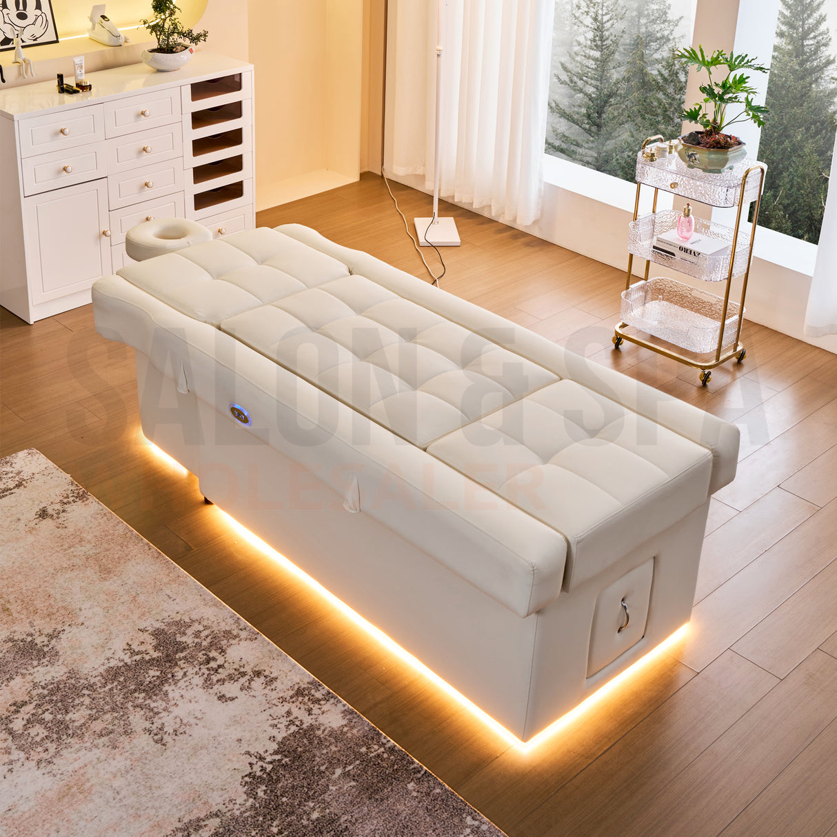 Image shows the massage cushions and face cradle on the white SSW 631D Fresh Water Japanese Head Spa Massage Bed. 