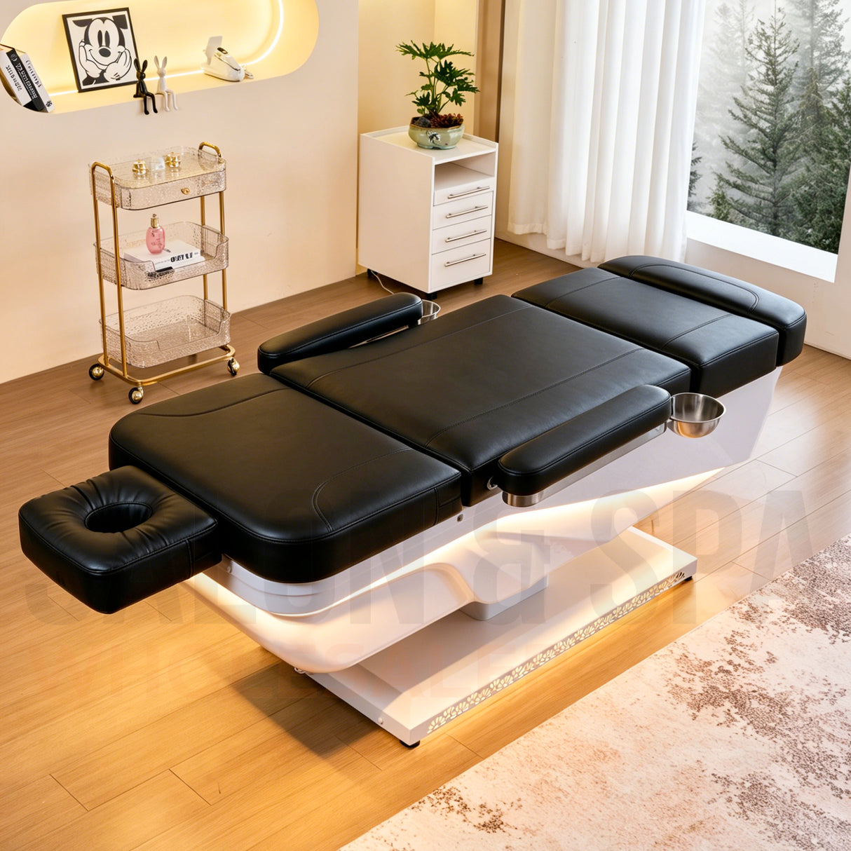 Image of the black SSW 645D Fresh Water Electric Japanese Head Spa Massage Bed fully extended with face cradle