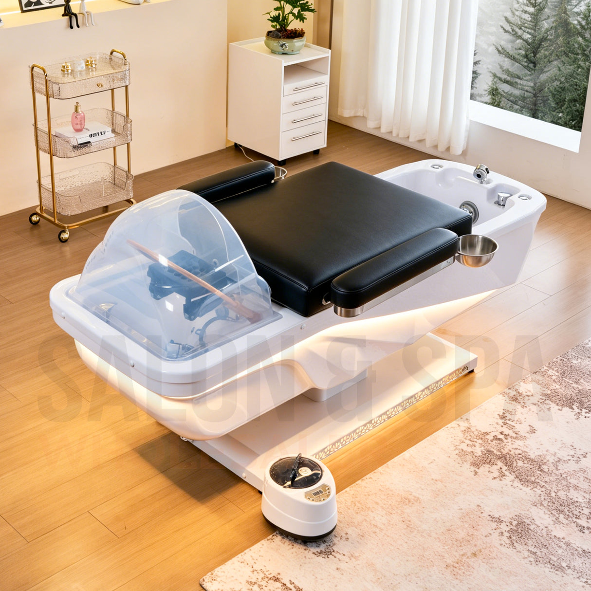 Lifestyle image of the black SSW 645D Fresh Water Electric Japanese Head Spa Massage Bed.