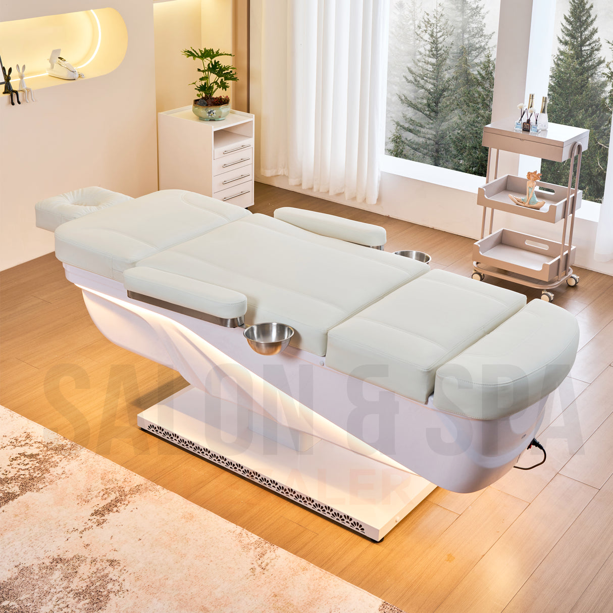 Image shows the light cream SSW 645D Fresh Water Electric Japanese Head Spa Massage Bed fully extended.