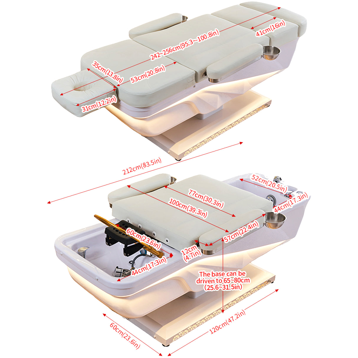 The image shows the dimensions of the SSW 645D Electric Japanese Head Spa Massage Bed.