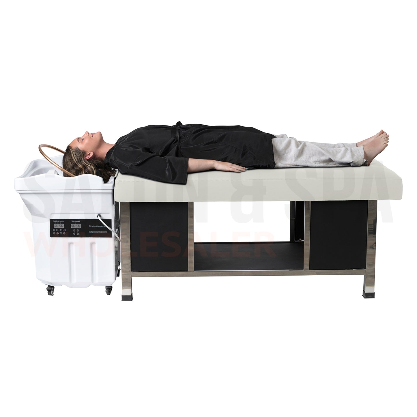 Model on the light cream SSW 8750P Japanese Head Spa Massage Bed.