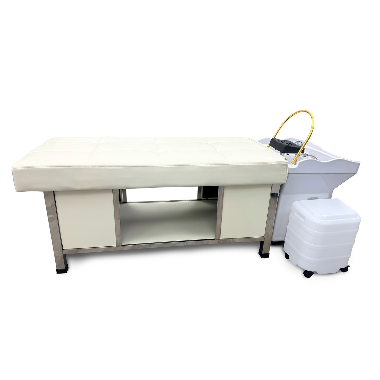 Image of the light cream massage bed and white head spa on the SSW 8750P Japanese Head Spa Massage Bed
