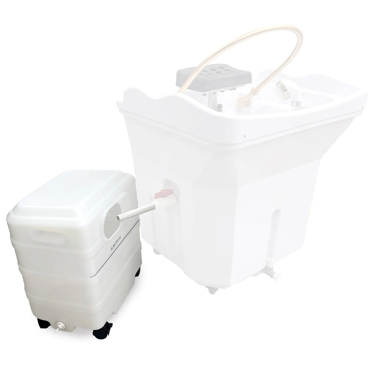 Image showing how the 5 gallon waste water tank connects to the SSW 8750P Japanese Head Spa Massage Bed