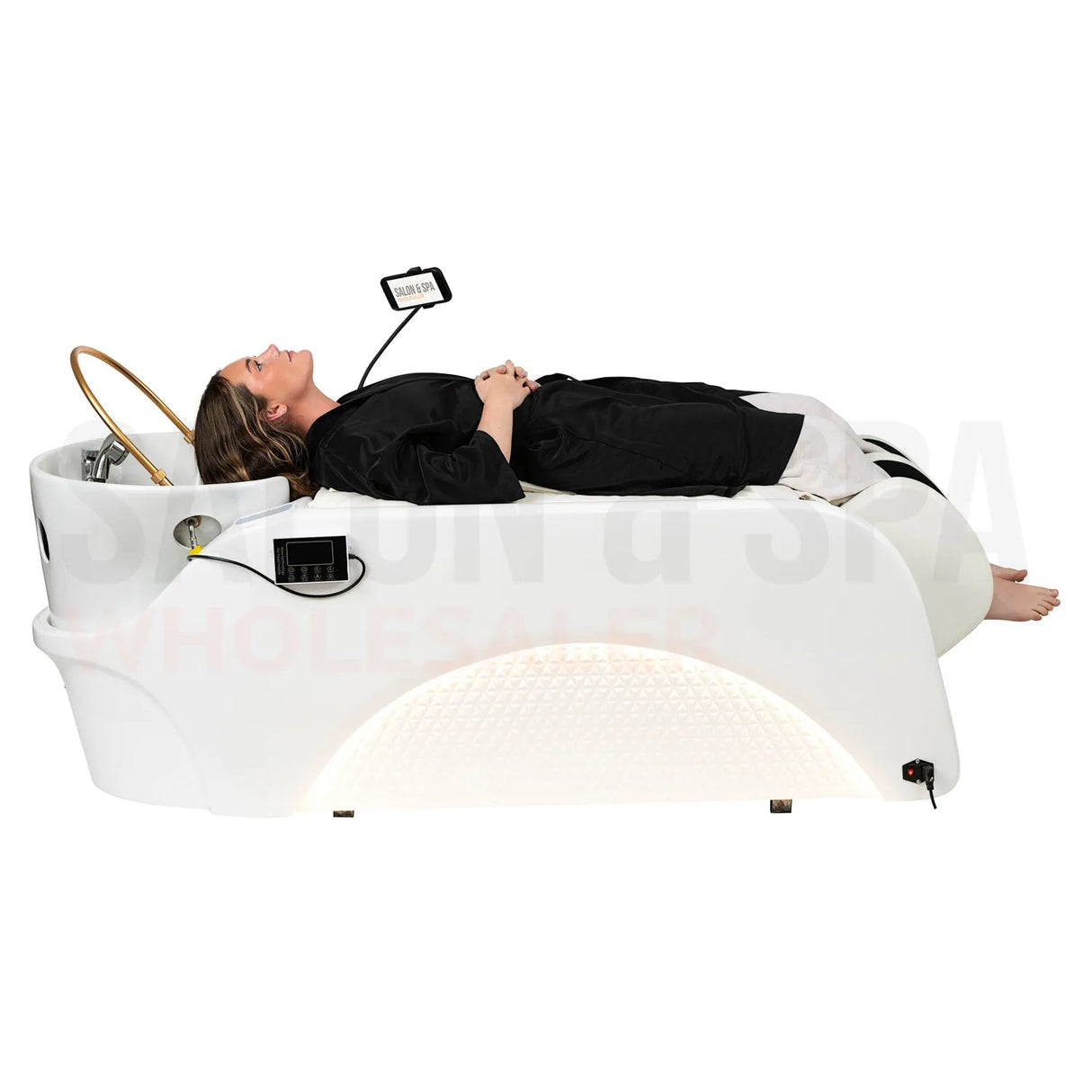 Model on the light cream SSW A035 Japanese Head Spa Massage Bed. 