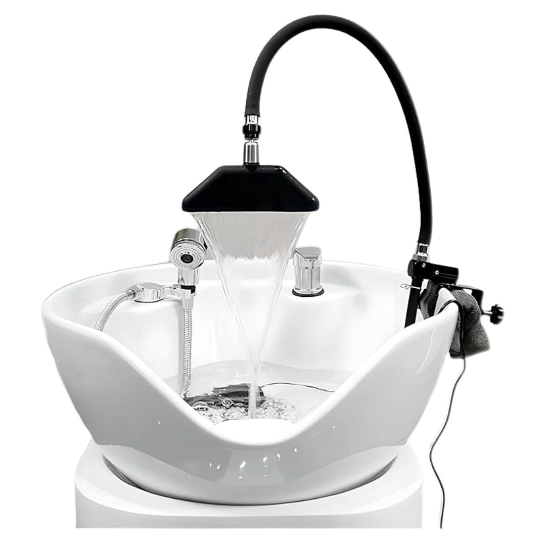 Lifestyle image showing clamp-on SSW Cloudburst Waterfall Head Spa Conversion Kit in use. 