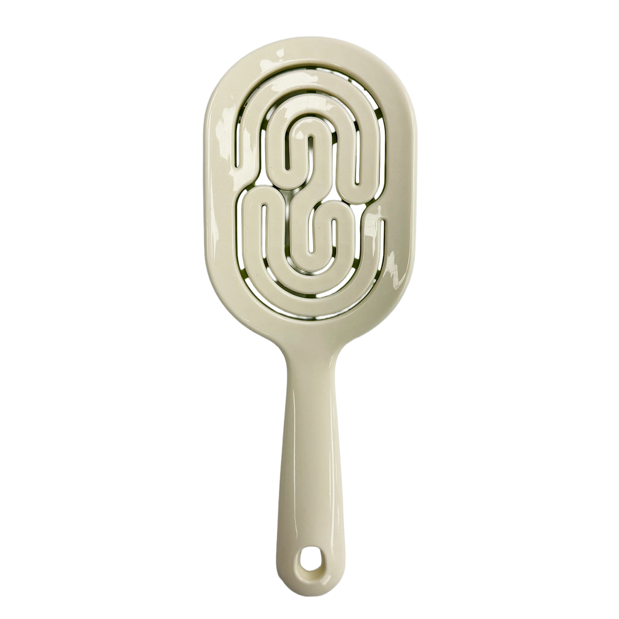 Rear image of the ivory and green SSW Flexible Self-Cleaning Detangling Hairbrush.