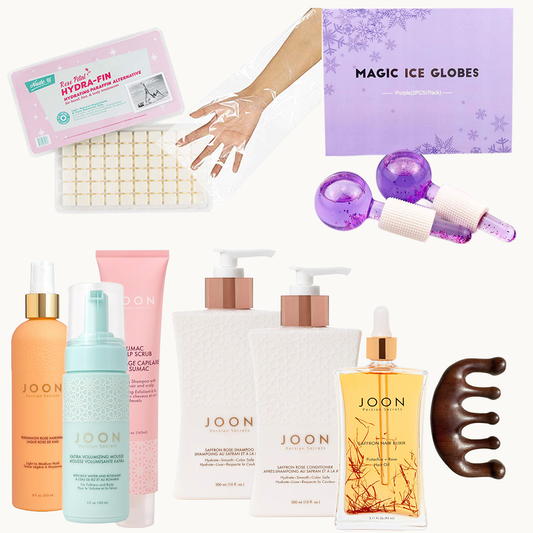 Collection of skincare and beauty products including bottles, a box, and a hand with gloves on a white background.