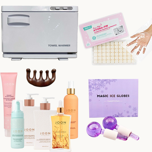 Collection of skincare and wellness products including a towel warmer, face masks, and beauty items.
